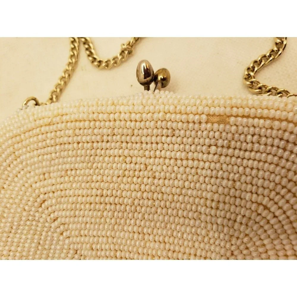 Richere White Beaded Evening Bag Seed Pearls Beads Gold Chain Clutch Purse Japan - Picture 5 of 10